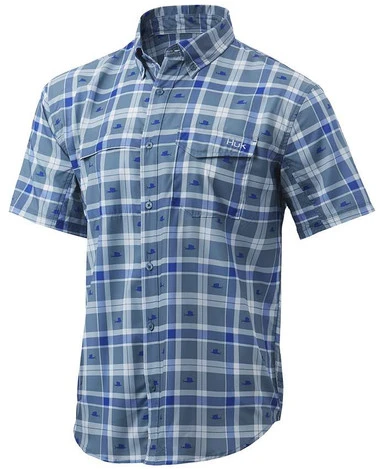 Huk Tide Point Fish Plaid Short Sleeve Shirt - Silver Blue - Medium